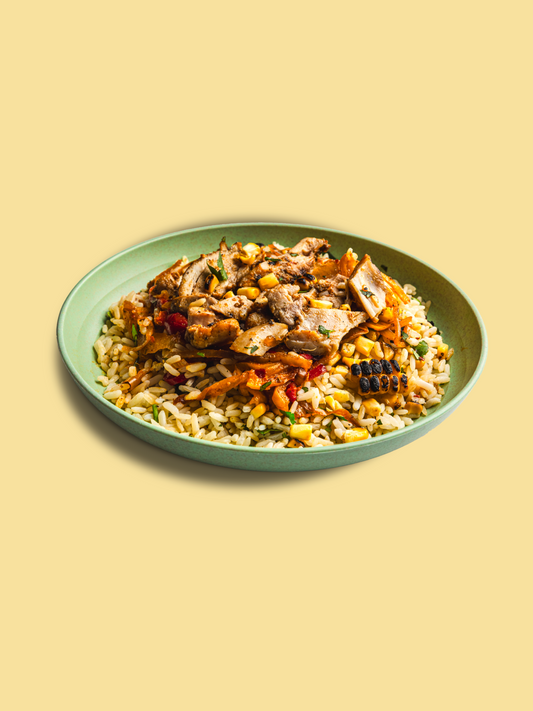 Grilled Chicken Burrito Bowl,  Coriander & Lime Rice, Fajita Veggies, Charred Corn