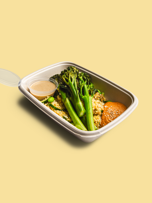 Tenderstem Broccoli Grain Bowl with Roasted Red Pepper Hummus and Maple, Miso, Tahini dressing